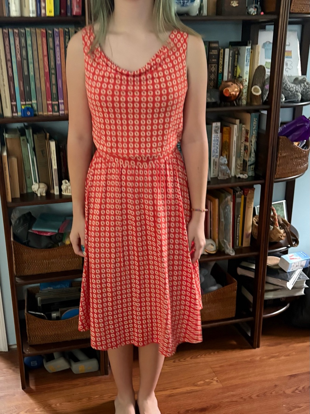 Red orange Printed Sleeveless Midi Dress - Classic Everyday Style
